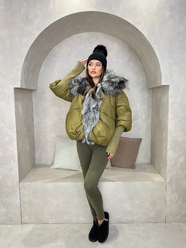 Designer Jackets for High-End Fashion-Khaki Luxury Fur Trim Jacket