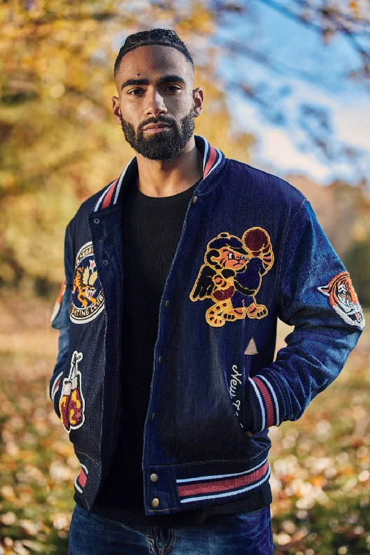 Soft Shell Jackets for Ultimate Comfort-Crouching Tiger Denim Varsity Jacket (Dark Blue)