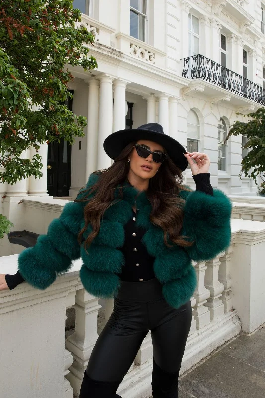 Leather Jackets for Bold Fashion-Emerald Green Luxury Fur 5 Row Cropped Sleeve Jacket