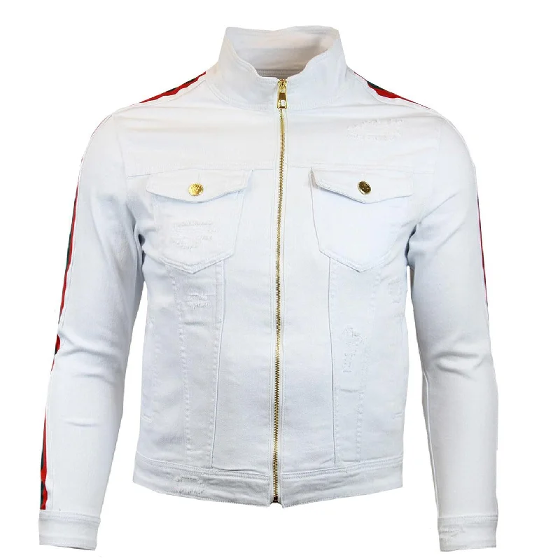 Urban Jackets for City Wear-M1092 Denim Jacket With Side Taping - White