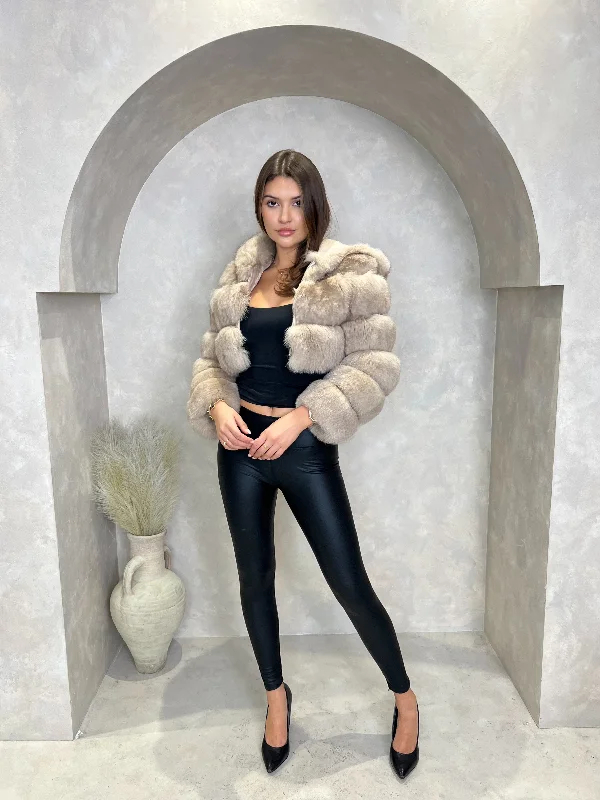 Custom Jackets for Personalized Fashion-Dark Beige Luxury Fur Hooded Jacket