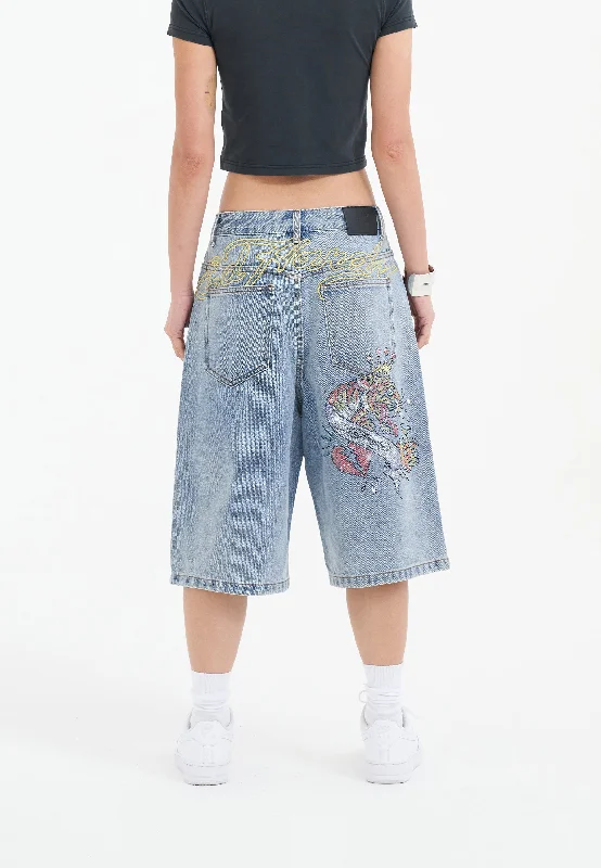 Sporty Shorts for Jogging and Cycling-Womens Tiger King Diamante Denim Jorts Shorts  - Bleach