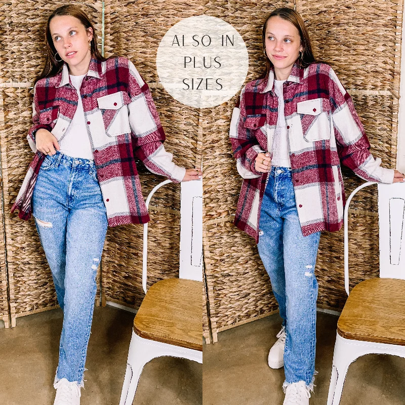 Casual Hooded Jackets for Relaxed Days-Cozy Memories Plaid Jacket with Front Pockets in Maroon