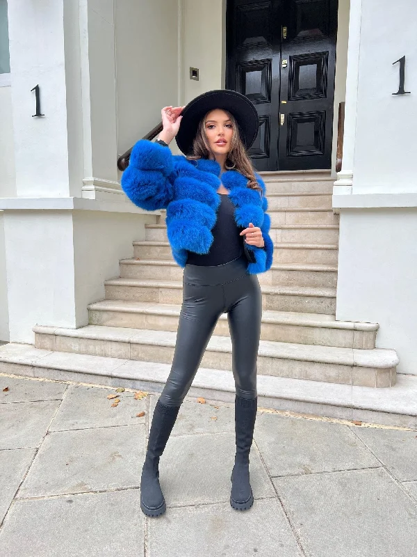 Bomber Jackets for a Cool Vibe-Royal Blue Luxury Fur 5 Row Cropped Sleeve Jacket