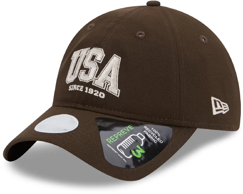 Stylish Golf Caps for Sporty Looks-Womens New Era 9Twenty Repreve USA Walnut Baseball Cap