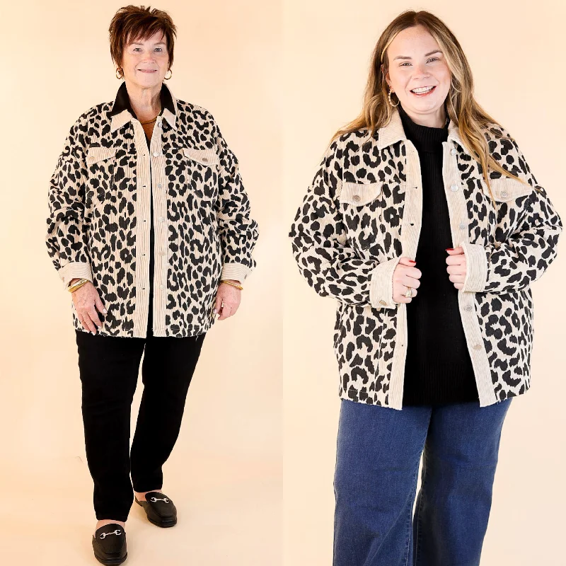 Warm Jackets for Winter Adventures-Quick To Cuddle Leopard Print Corduroy Jacket in Beige