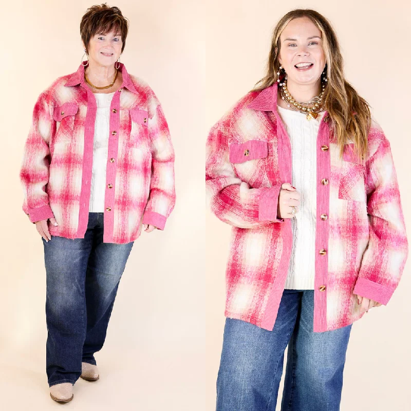 Casual Jackets for Everyday Wear-Mountain Retreat Plaid Fleece Jacket with Corduroy Trim in Pink