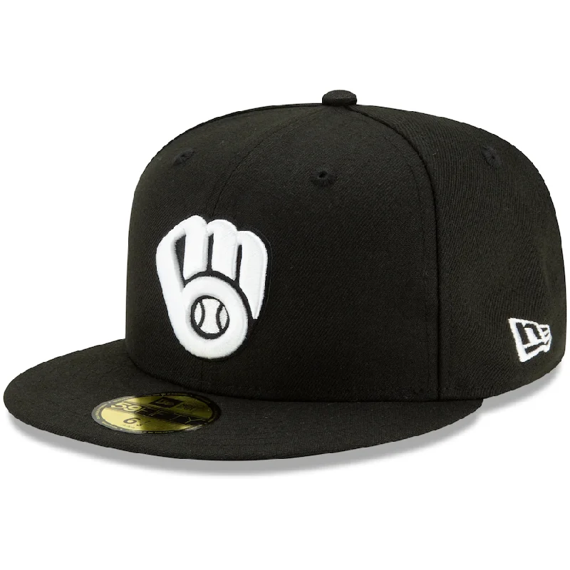 Outdoor Adventure Hats for Sun Protection-MILWAUKEE BREWERS NEW ERA MLB BASIC 59FIFTY FITTED-BLACK/WHITE