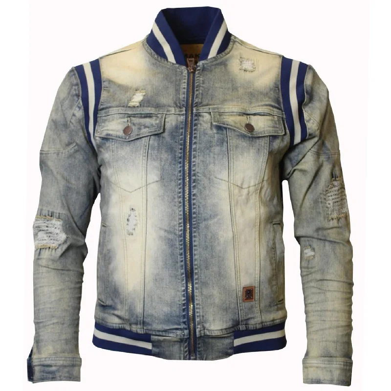 Warm Jackets for Mountain Climbing-M1094 Drip Squad Varsity Denim Jacket - Dirt Wash