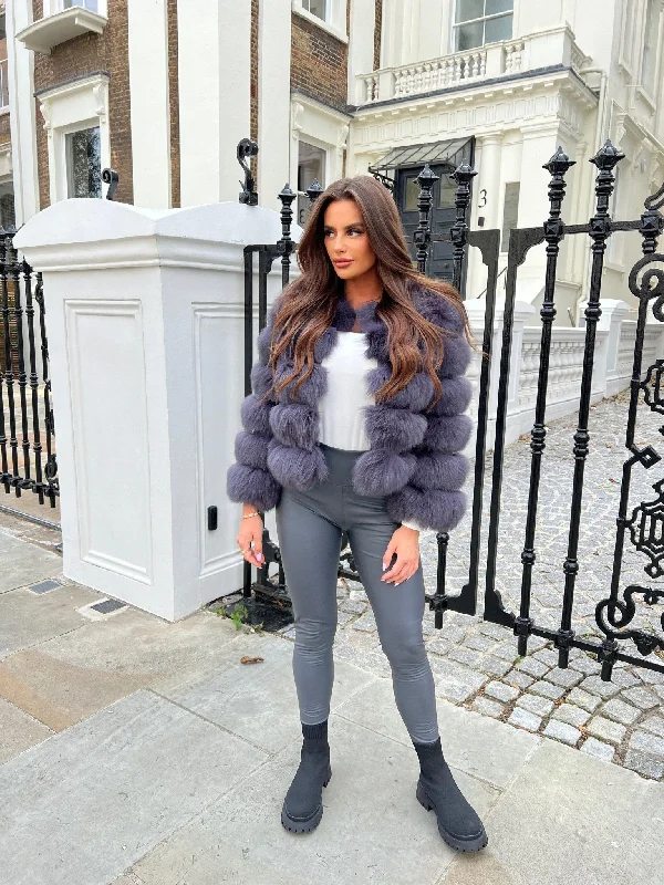 Fashion Forward Jackets for Statement Outfits-Charcoal Luxury Fur 5 Row Cropped Sleeve Jacket