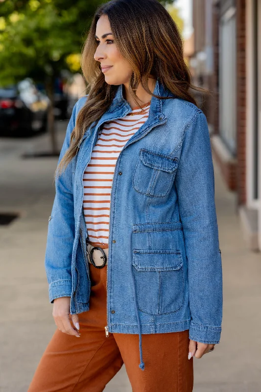 Stylish Jackets for Fall Weather-Denim Cinched Waist Utility Jacket