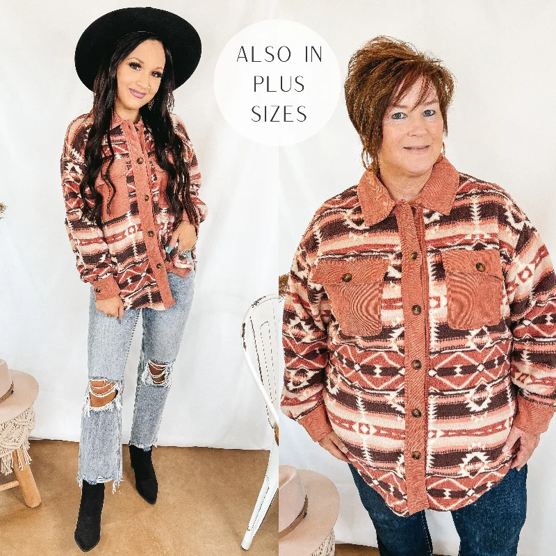 Waterproof Outdoor Jackets for Hiking-Last Chance Size 2XL & 3XL | Hollywood Hike Aztec Print Button Up Fleece Jacket with Pockets in Dusty Rose Pink