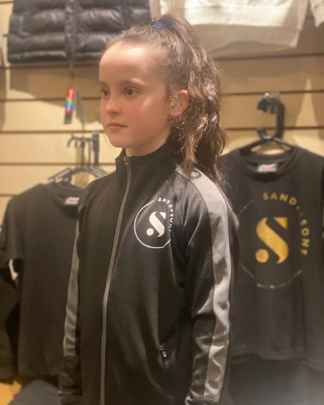 Military Jackets for Tactical Style-KIDS BLACK SANDERSONS SPORTS JACKET WITH GREY STRIPE WHITE LOGO ON FRONT & BACK