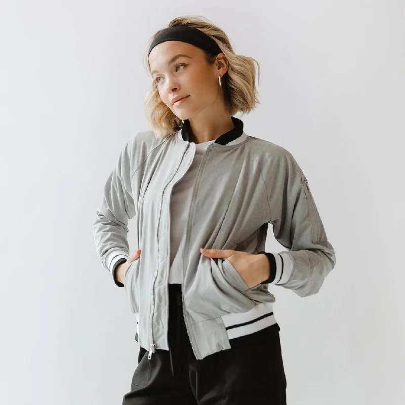 Light Jacket for Easy Layering-Heather Light Grey Bomber Jacket