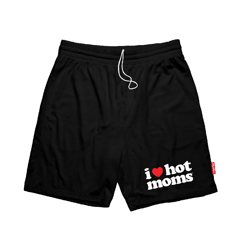 Adjustable Waist Shorts for Comfortable Fit-I Heart Hot Moms Black Mesh Shorts