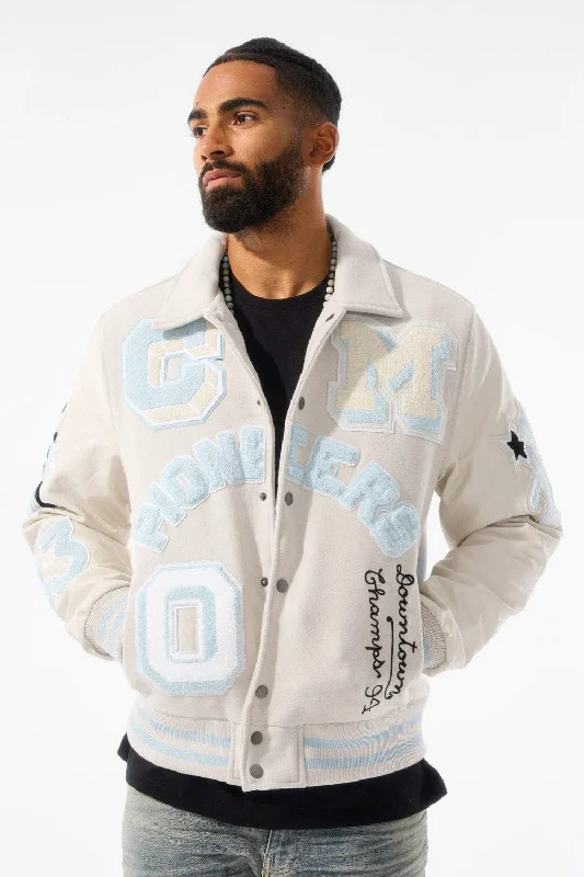 Designer Jackets for High-End Fashion-Pioneers Varsity Jacket (Cream)