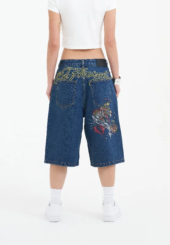 Smart Casual Shorts for Outdoor Events-Womens Tiger King Diamante Denim Jorts Shorts  - Indigo