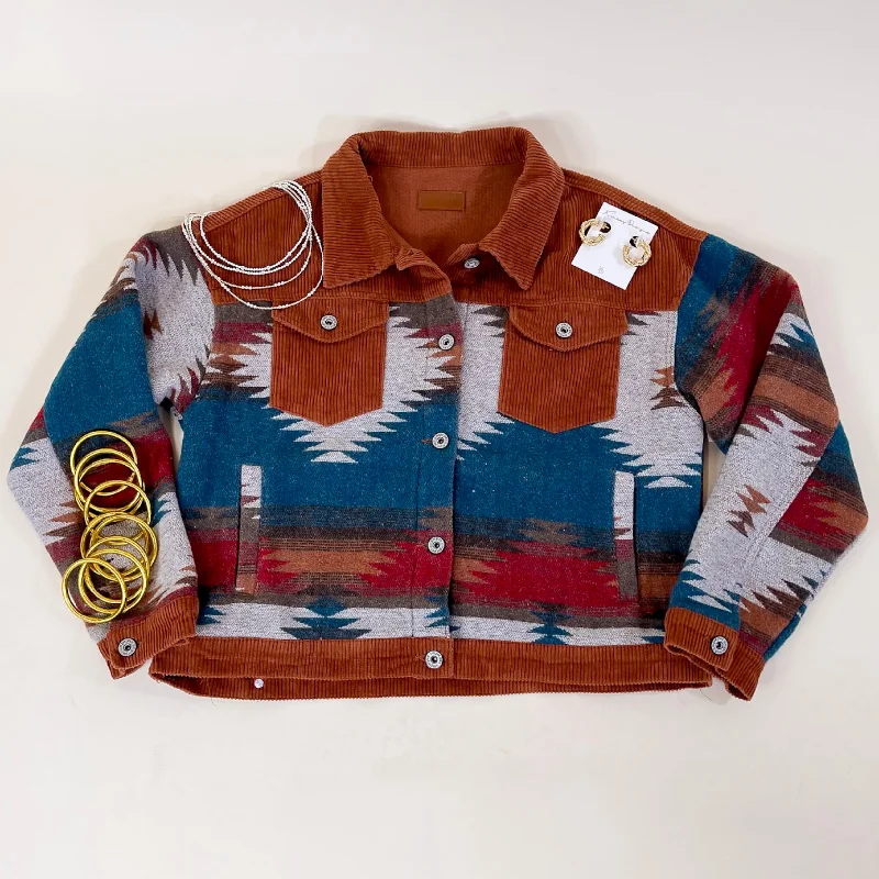 Stylish Bomber Jackets for Night Out-Hard To Forget Aztec Print Button Up Jacket with Corduroy Trim in Rust Orange