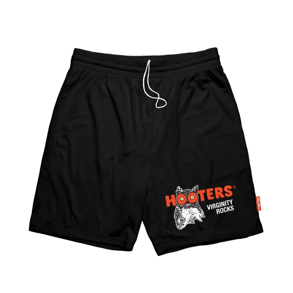 Comfortable Cargo Shorts for Travel and Leisure-Virginity Rocks x Hooters Black Mesh Shorts