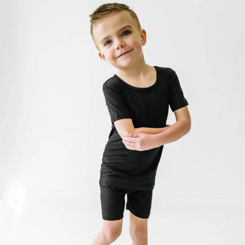 Stretchy Athletic Shorts for Easy Movement-Solid Black Two-Piece Short Sleeve & Shorts Pajama Set