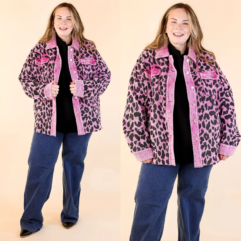 Waterproof Jackets for Rainy Days-Quick To Cuddle Leopard Print Corduroy Jacket in Purple