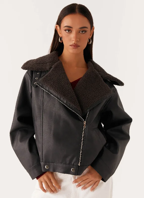 Military-Style Jackets for Utility and Fashion-Inka PU Leather Shearling Jacket - Charcoal