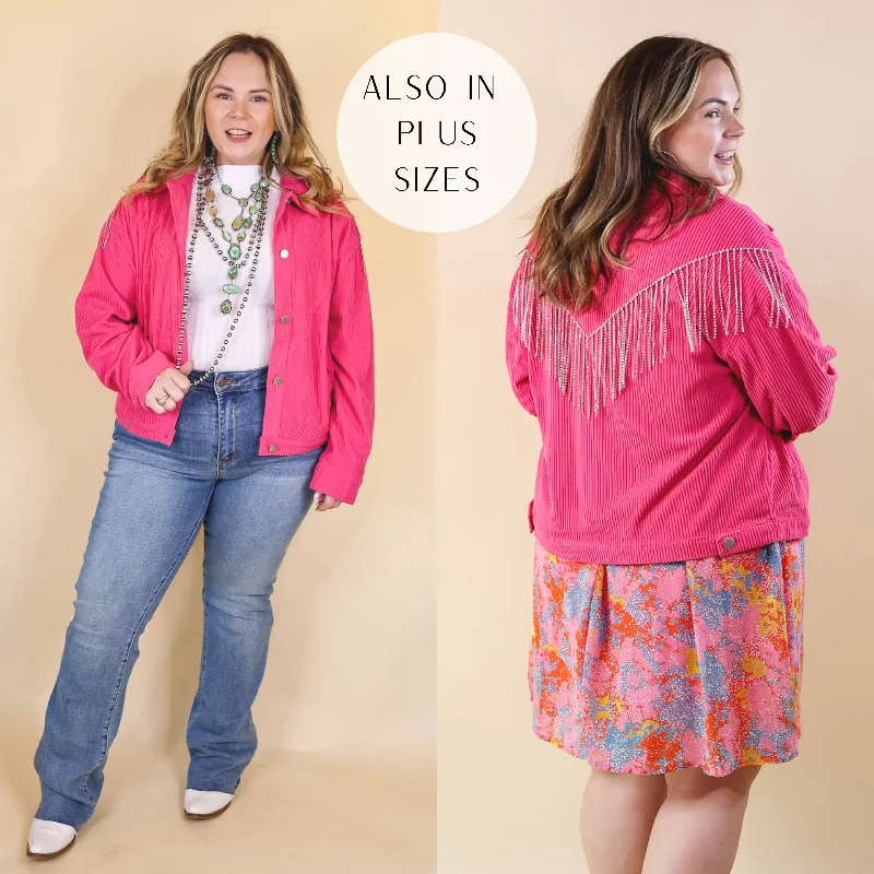 Puffer Jackets for Ultimate Warmth-Signature Moves Button Up Corduroy Jacket with Crystal Fringe Back in Hot Pink