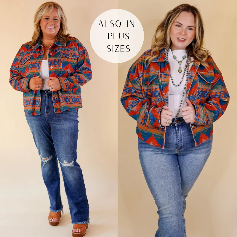 Heavy Duty Jackets for Tough Jobs-Edgy and Chic Button Up Corduroy Aztec Print Jacket in Red and Blue