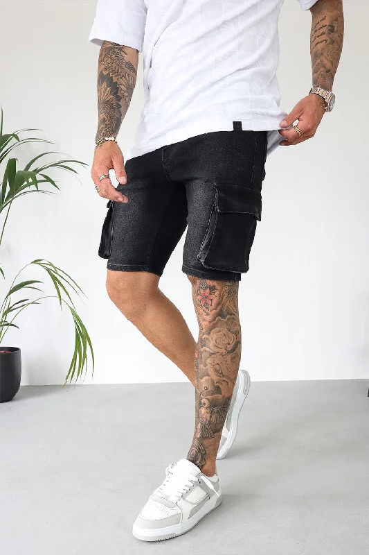 Comfortable Shorts for Home and Leisure-Cargo Utility Denim Shorts - Black