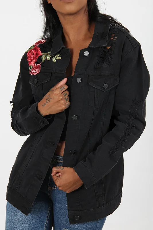 Windbreaker Jackets for Active Lifestyles-Destructed Rose Patch Denim Jacket