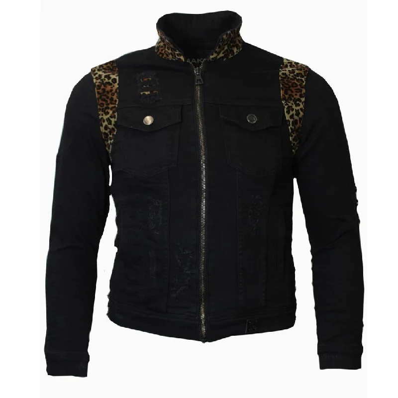 Leather Biker Jackets for Bold Looks-M1082 Denim Jacket with Leopard Print - Black