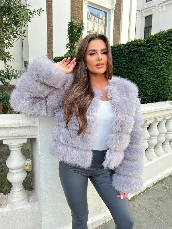 Military-Style Jackets for Utility and Fashion-Light Grey Premium Faux Fur Jacket