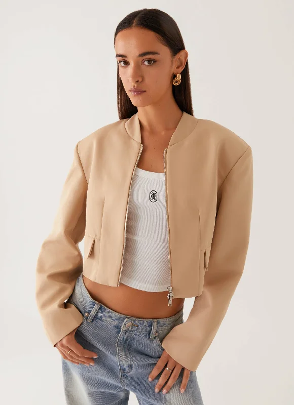 Fleece-Lined Jackets for Extra Comfort-Halyn Cropped Bomber Jacket - Brown