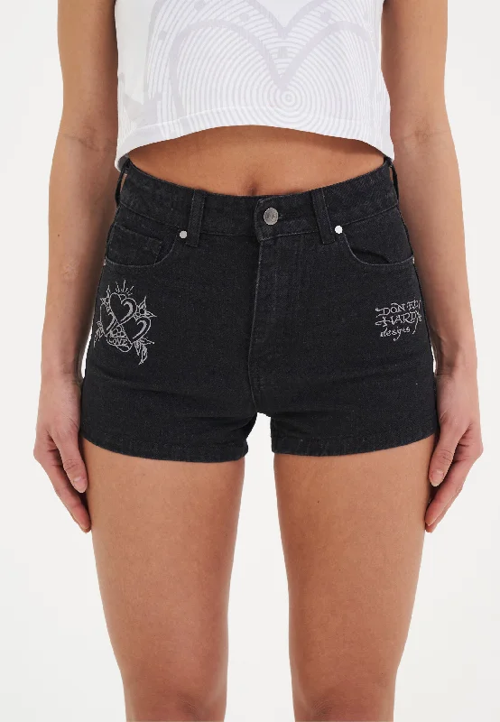 Shorts for Beach and Pool Days-Womens Triple Heart Denim Jorts Shorts - Black