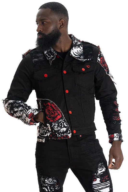 Denim Jackets for Classic Style-F1044 Cashay Tapestry Denim Jacket - Black