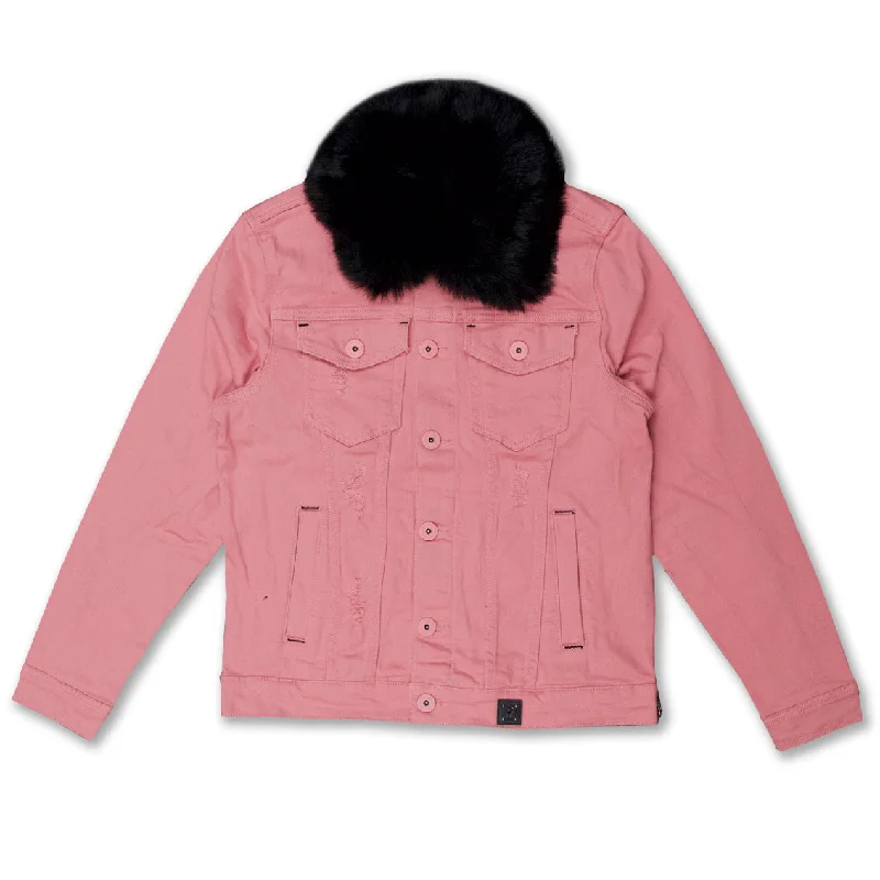 Insulated Parkas for Snowy Days-M1061 Makobi Doll Denim Jacket with Fur Collar - Salmon