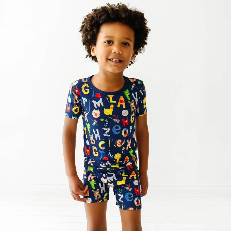 Adjustable Waist Shorts for Comfortable Fit-Navy Alphabet Friends Two-Piece Short Sleeve & Shorts Pajama Set