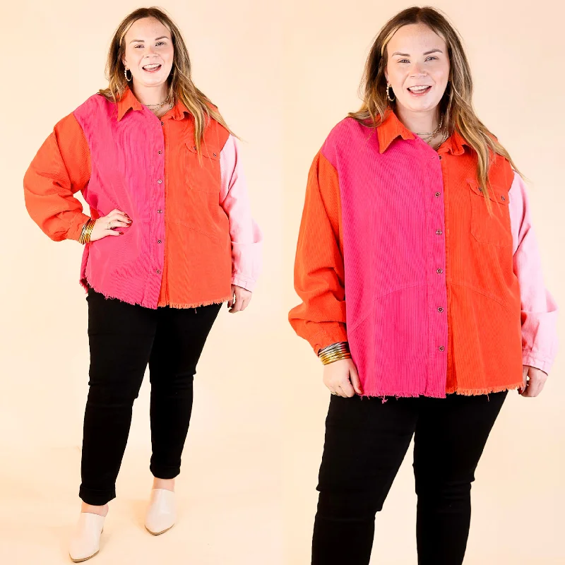 Lightweight Jackets for Spring and Fall-Down The Street Color Block Corduroy Jacket in Pink and Red