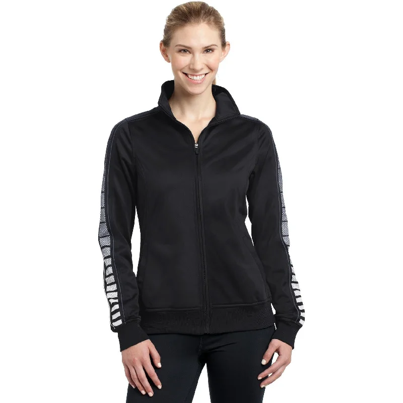 Windproof Jackets for Blustery Days-CLOSEOUT - Sport-Tek Ladies Dot Sublimation Tricot Track Jacket