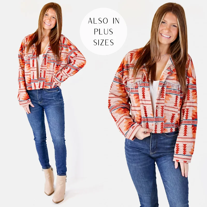 Slim Fit Jackets for Modern Looks-Chic Discovery Button Up Corduroy Aztec Print Jacket with Crystal Fringe in Orange Mix