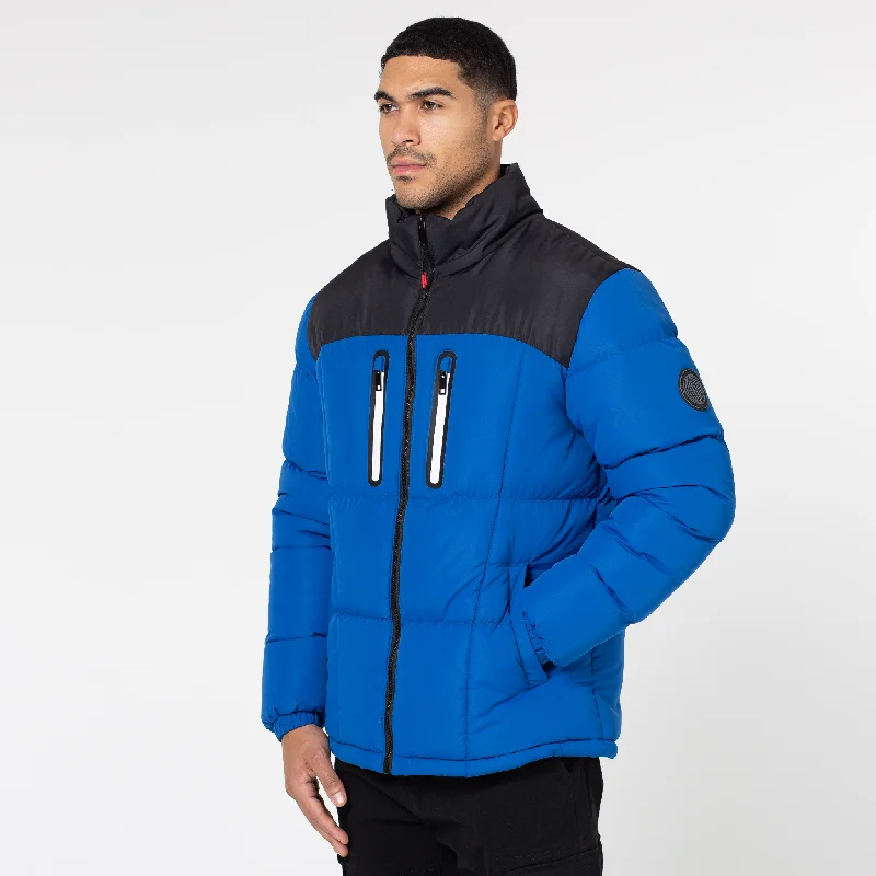 Stylish Jackets for Fall Weather-Contrast Zipped Funnel Neck Puffer Jacket | Cobalt Blue