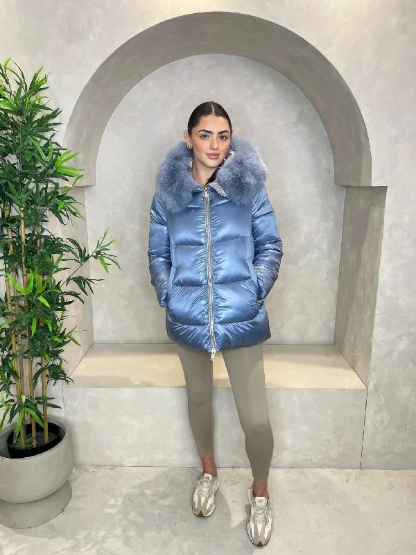 Stylish Jackets for Casual Outfits-Powder Blue Faux Fur Hood Puffer Jacket