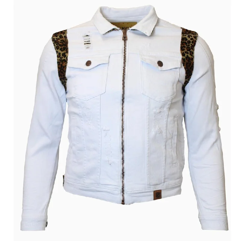 Waterproof Outdoor Jackets for Hiking-M1082 Denim Jacket with Leopard Prints - White