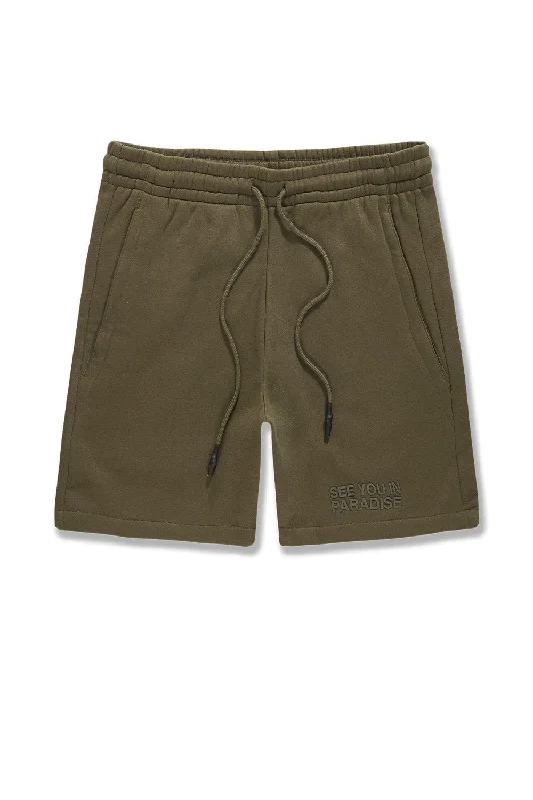 Breathable Casual Shorts for Warm Weather-Big Men's Retro Paradise Tonal Shorts (Olive)