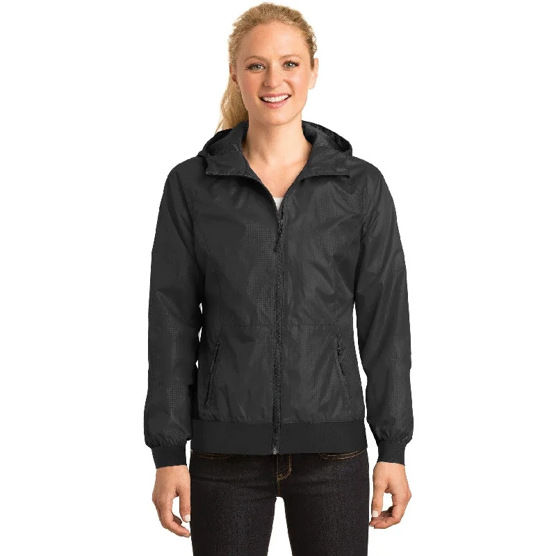 Warm Jackets for Snowboarding and Skiing-CLOSEOUT - Sport-Tek Ladies Embossed Hooded Wind Jacket