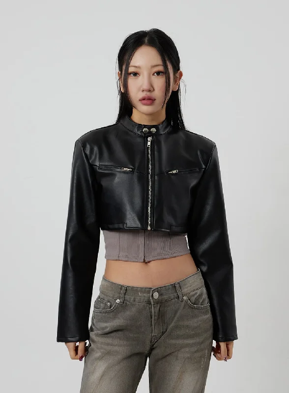 Waterproof Jackets for Rainy Days-Faux Leather Cropped Zip-Up Jacket CF301