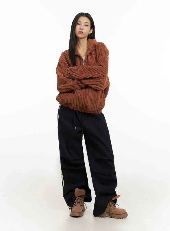 Comfort Fit Pants for All-Day Wear-Striped Trackpants with Adjustable Waist IJ503