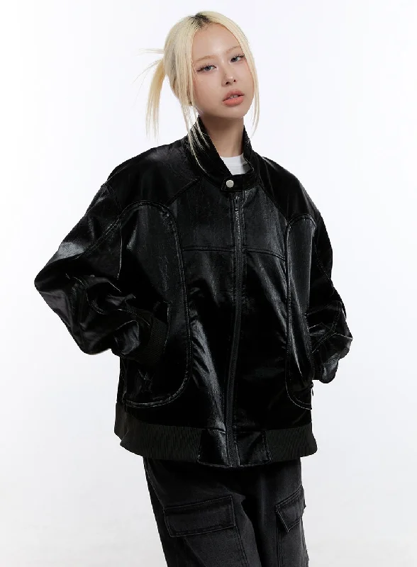 Commuter Jackets for Work and Travel-Edgy Oversized Faux Leather Jacket CO423