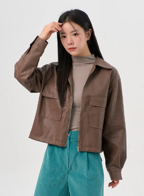 Multi-Pocket Jackets for Storage and Function-Classic Collar Faux Leather Jacket OS302