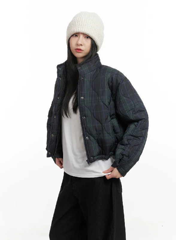 Hooded Jackets for Extra Comfort-Checkered Buttoned Puffer Jacket CN426